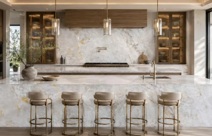 Luxury Kitchen Island Designs Featuring Exotic Quartzite